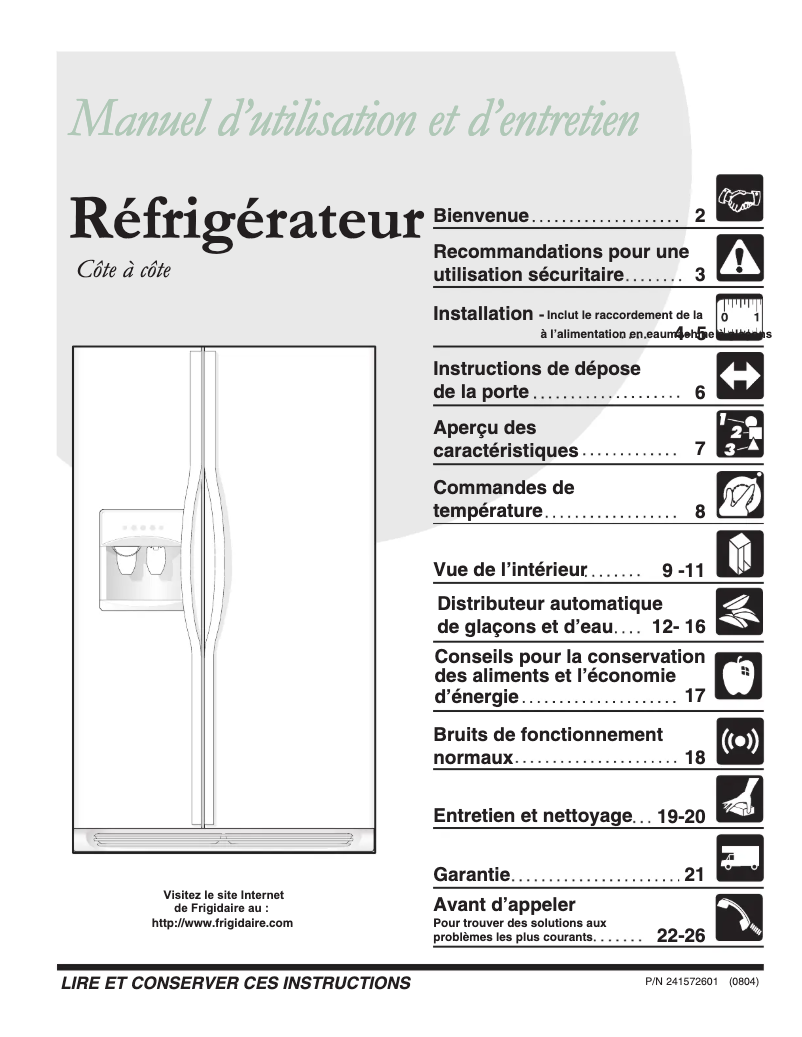 Page n°1 - Manuel utilisateur Frigidaire GLRS237ZDQ