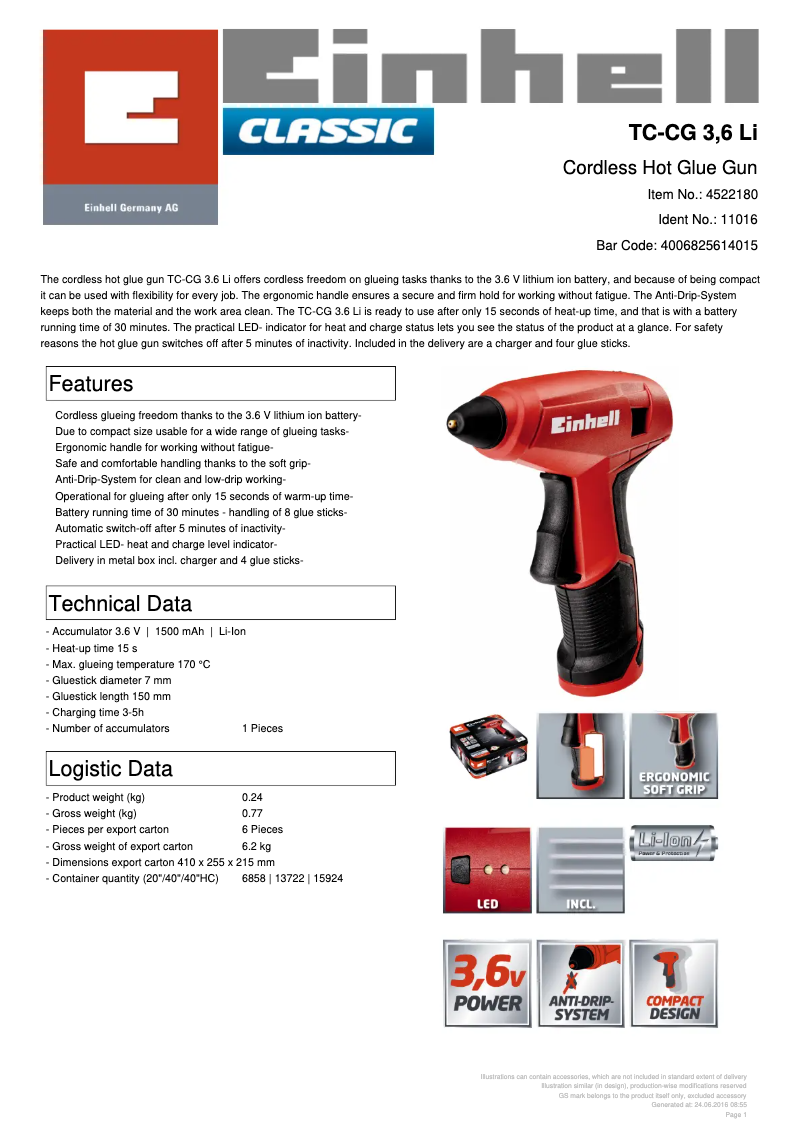 Page 1 de la notice Fiche technique Einhell TC-CG 3.6 Li