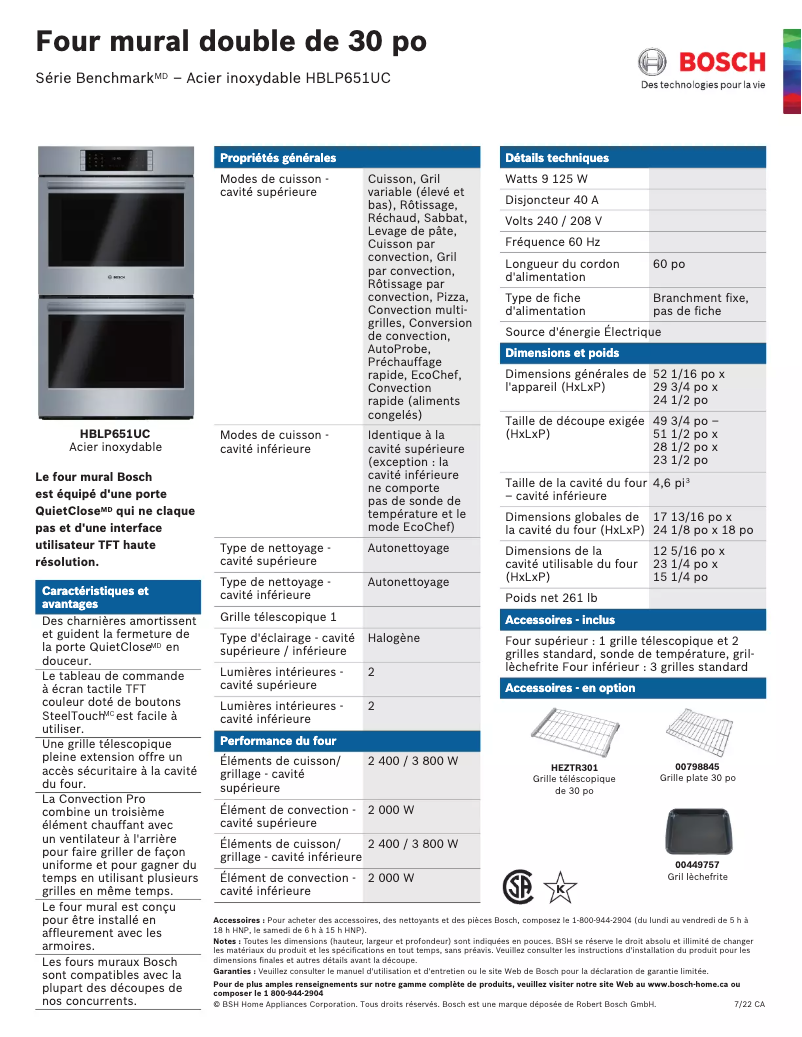 Page 1 de la notice Fiche technique Bosch HBLP651UC