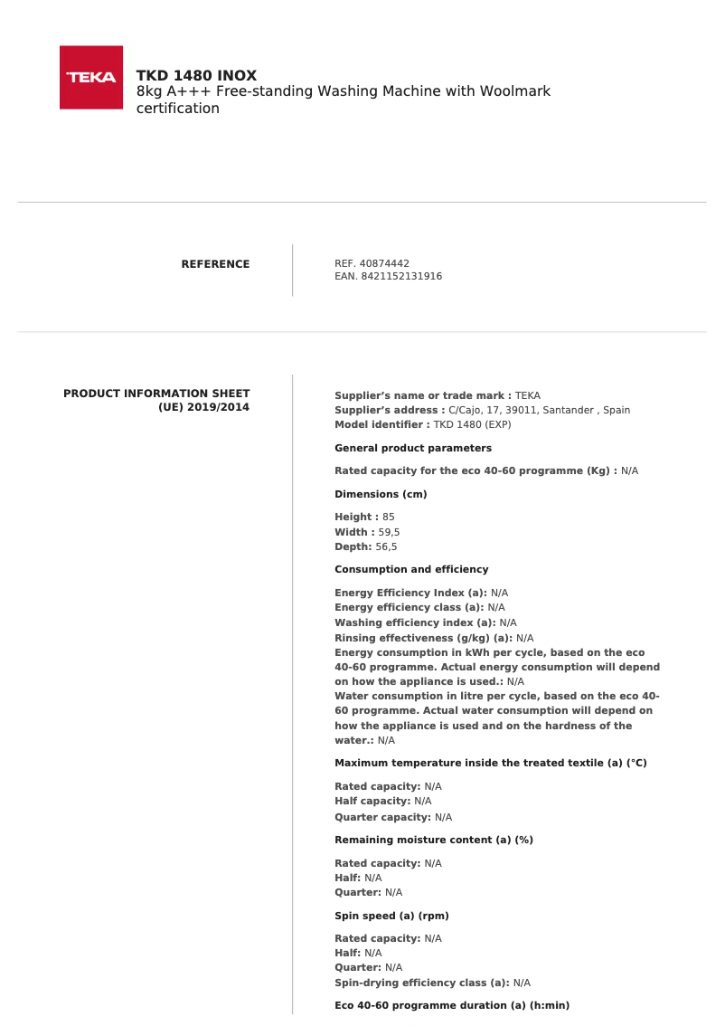 Page n°1 - Fiche technique Teka TKD 1480 INOX
