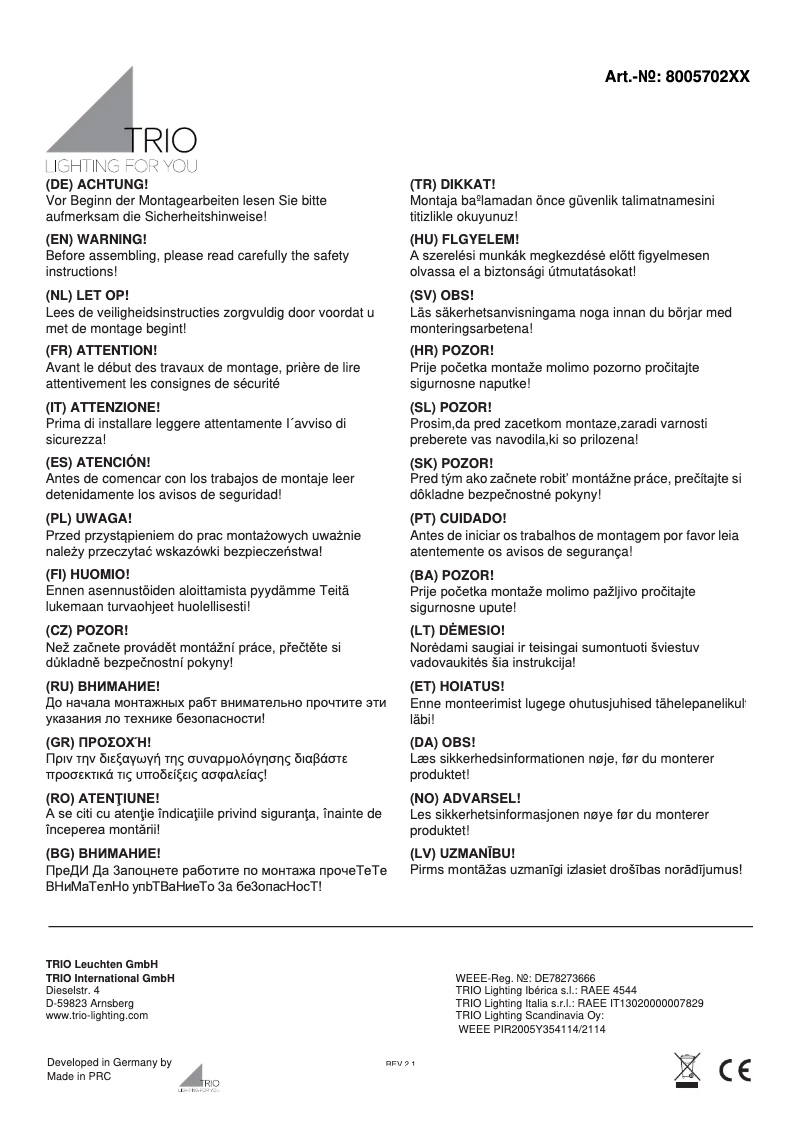 Page 1 de la notice Manuel utilisateur Trio Lighting Carl 800570204