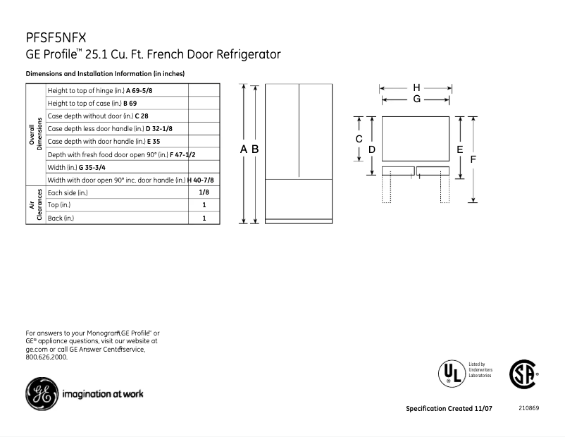 Page n°1 - Fiche technique GE Profile PFSF5NFXBB