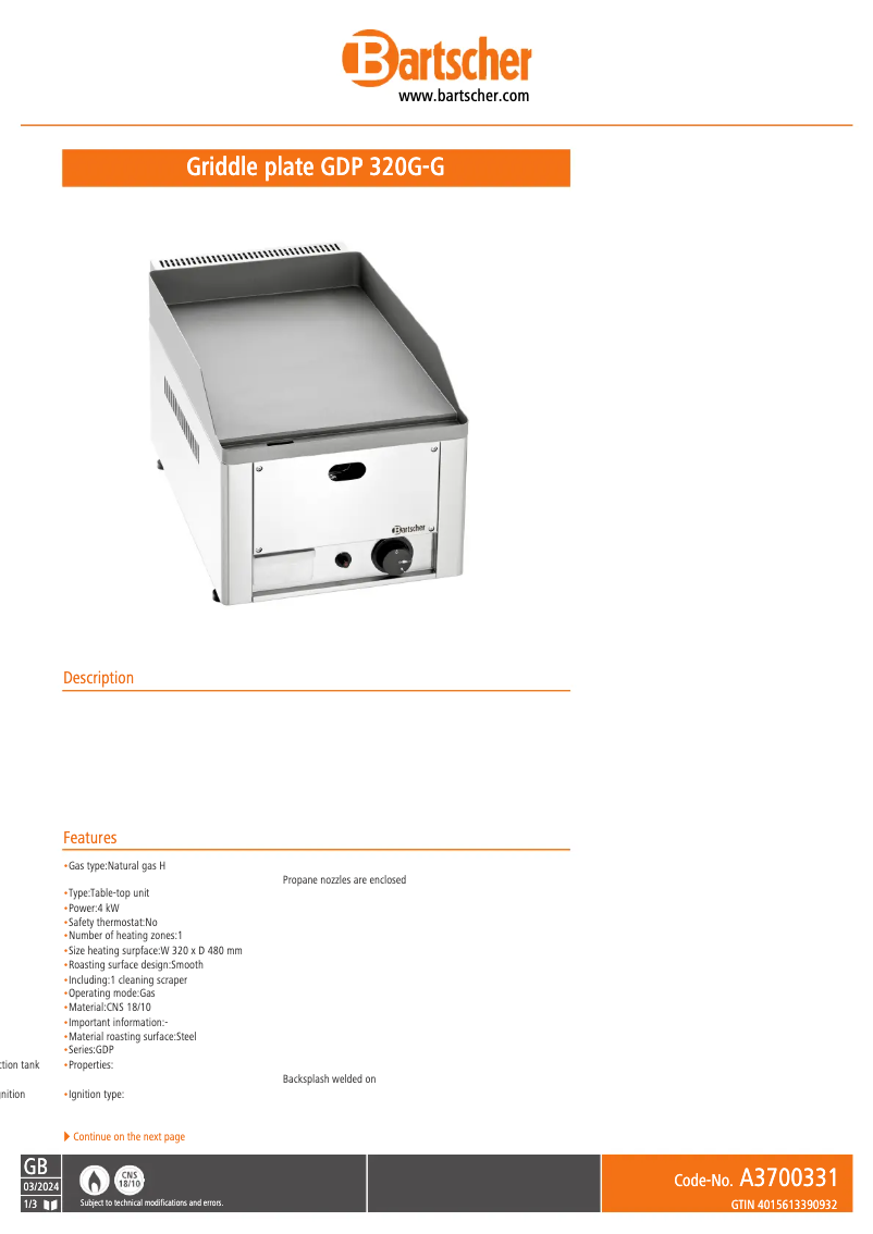 Page n°1 - Fiche technique Bartscher GDP 320G-G