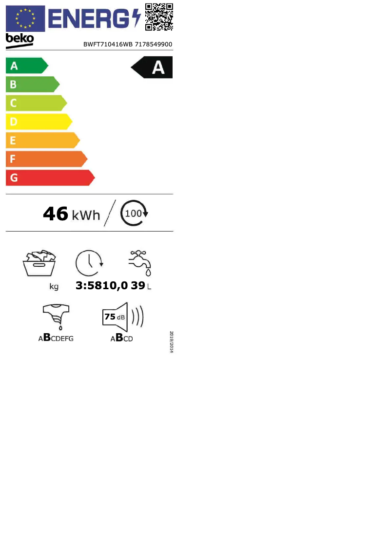 Page 1 de la notice Label énergétique Beko BWFT710416WB