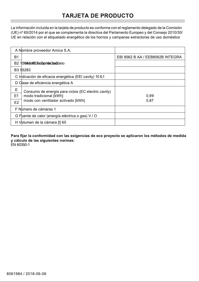 Page 1 de la notice Manuel utilisateur Amica EEB8562B INTEGRA