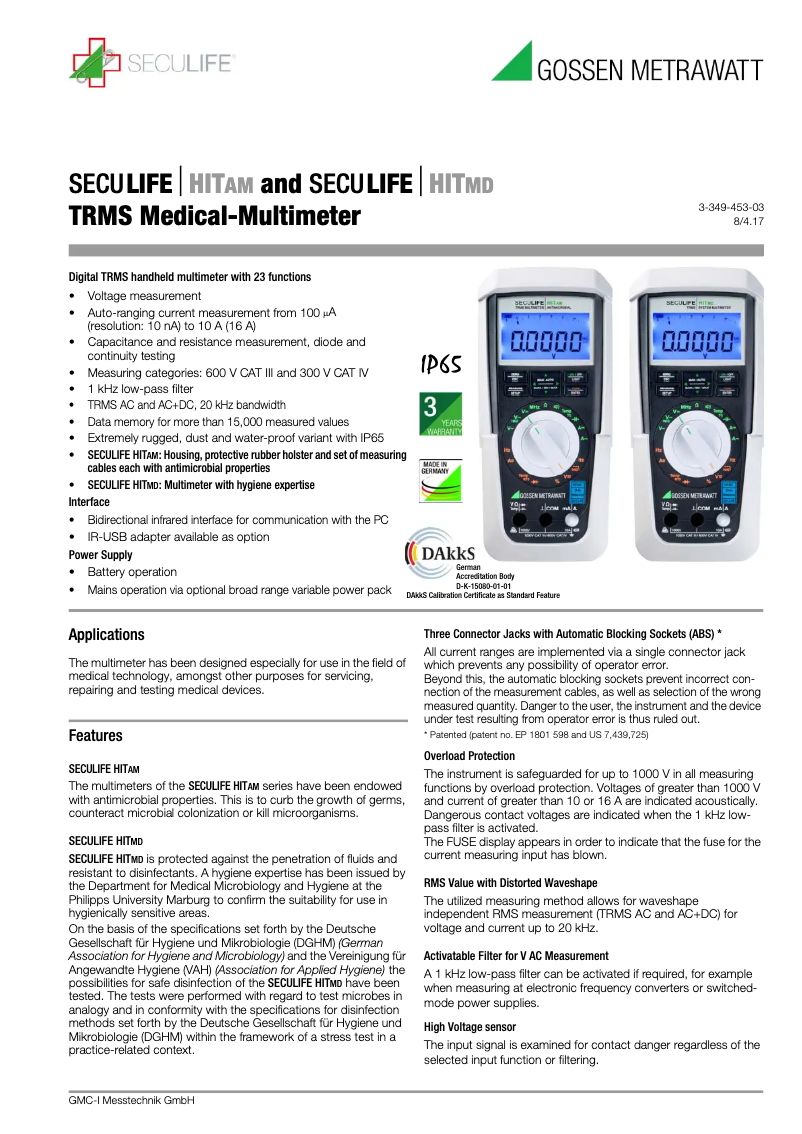Page 1 de la notice Fiche technique Gossen Metrawatt SecuLife HIT MD