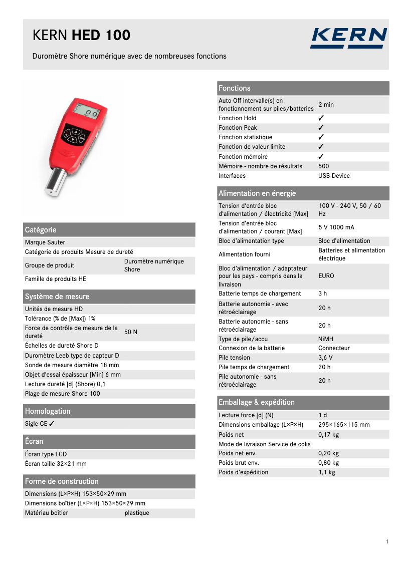 Page 1 de la notice Fiche technique Kern HED 100
