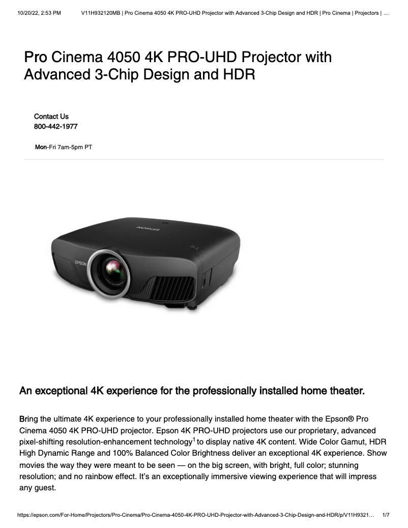 Page 1 de la notice Fiche technique Epson Pro Cinema 4050