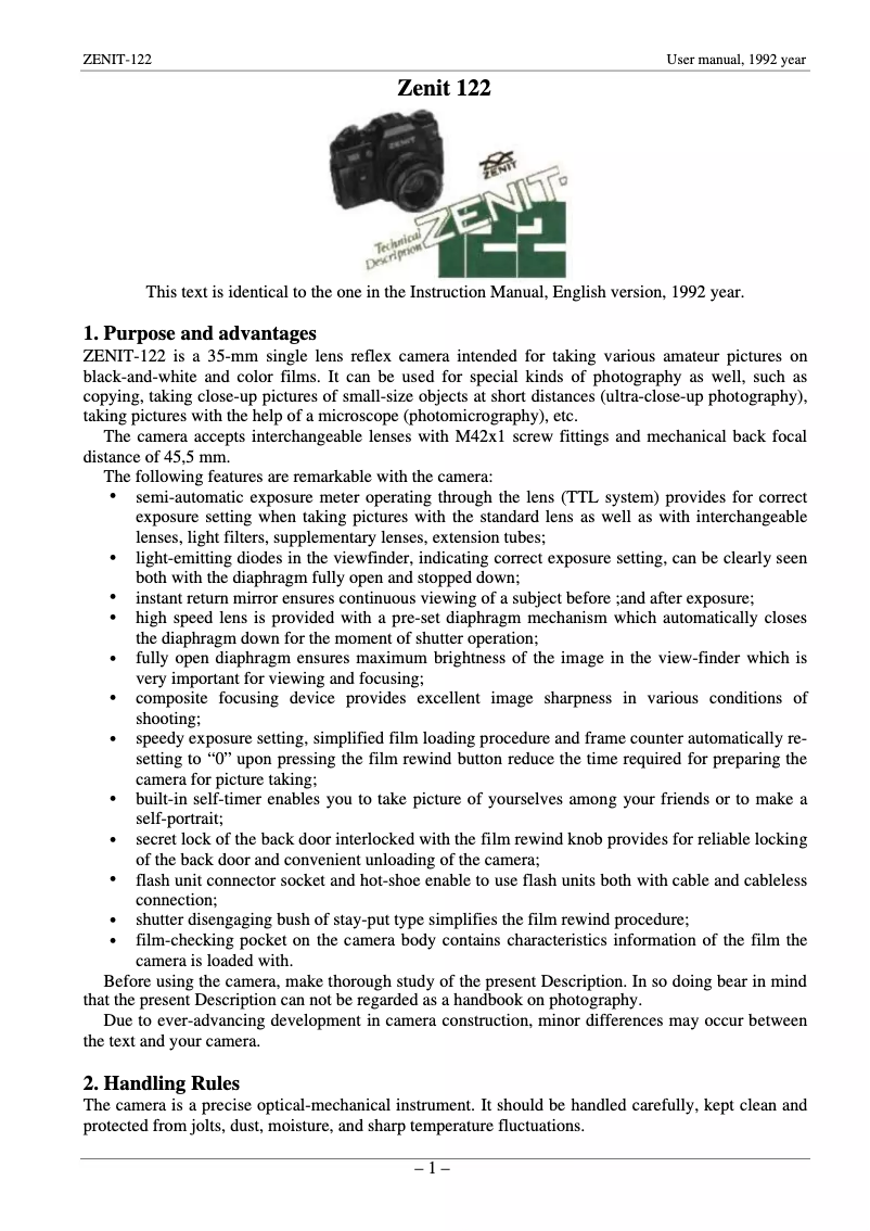 Page n°1 - Manuel utilisateur Zenit 122