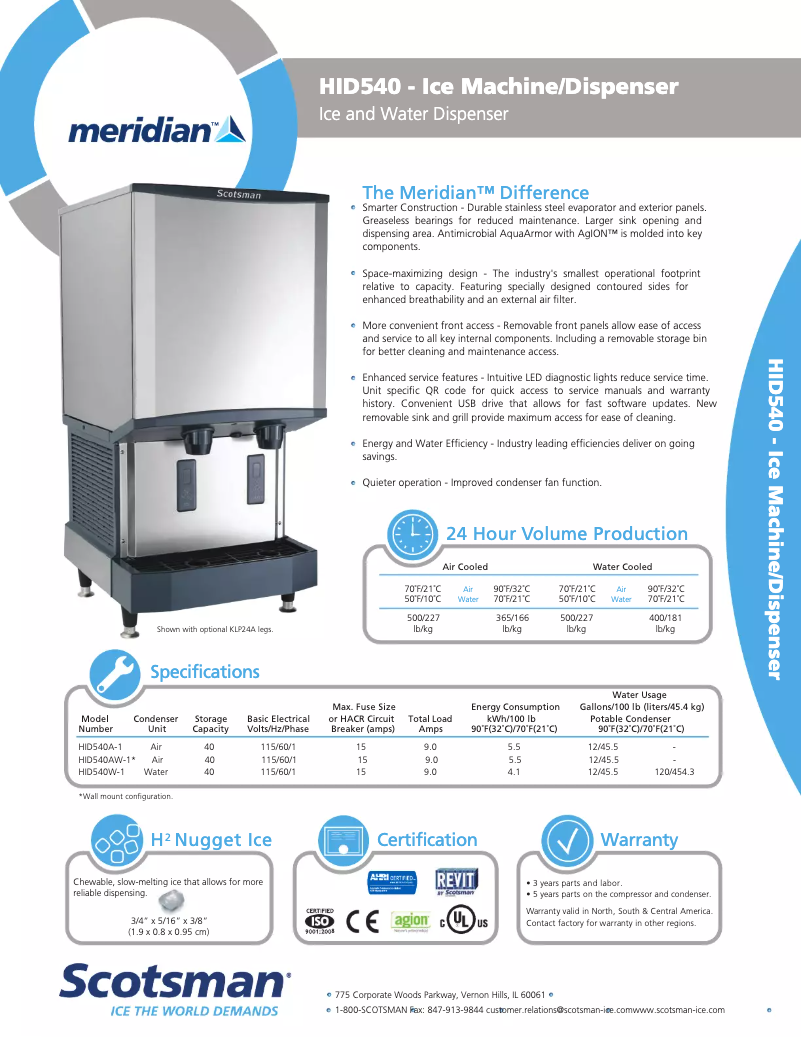 Page 1 de la notice Fiche technique Scotsman HID540A-1A