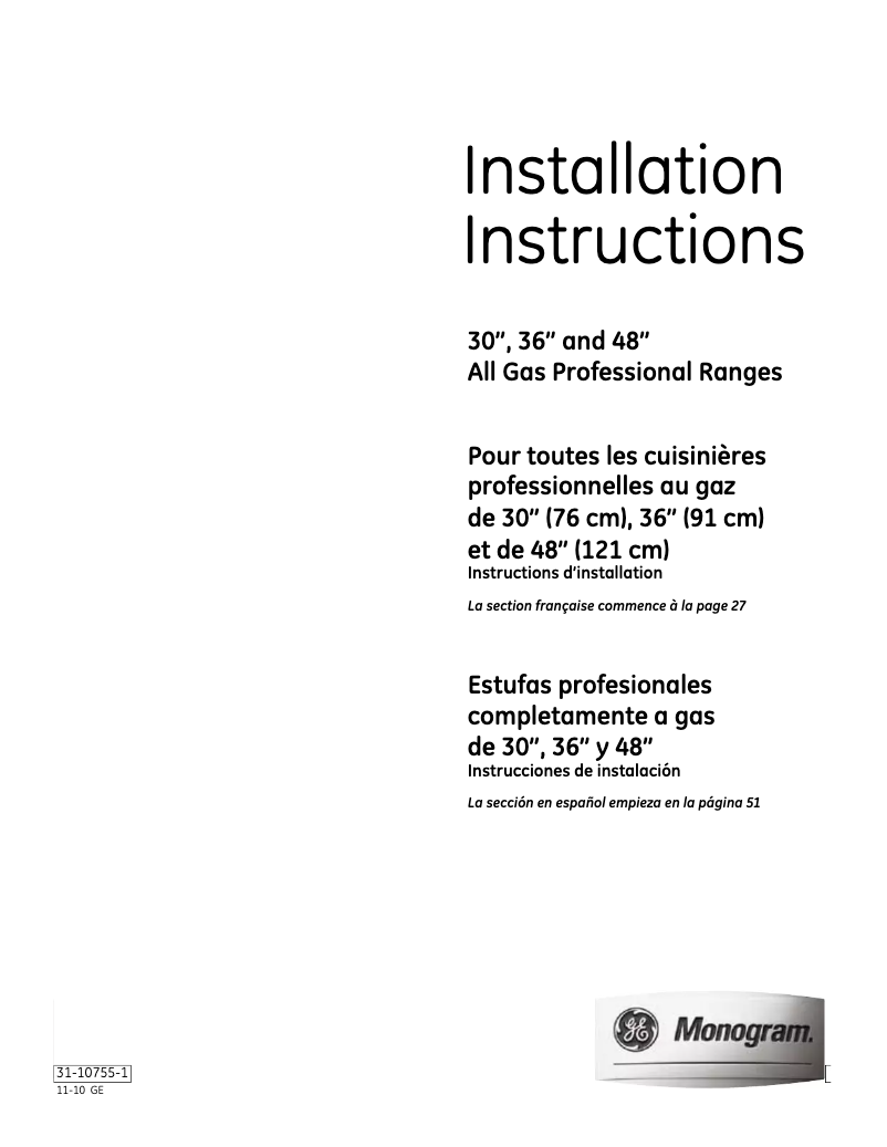 Page 1 de la notice Guide d'installation Monogram ZGP304LRSS