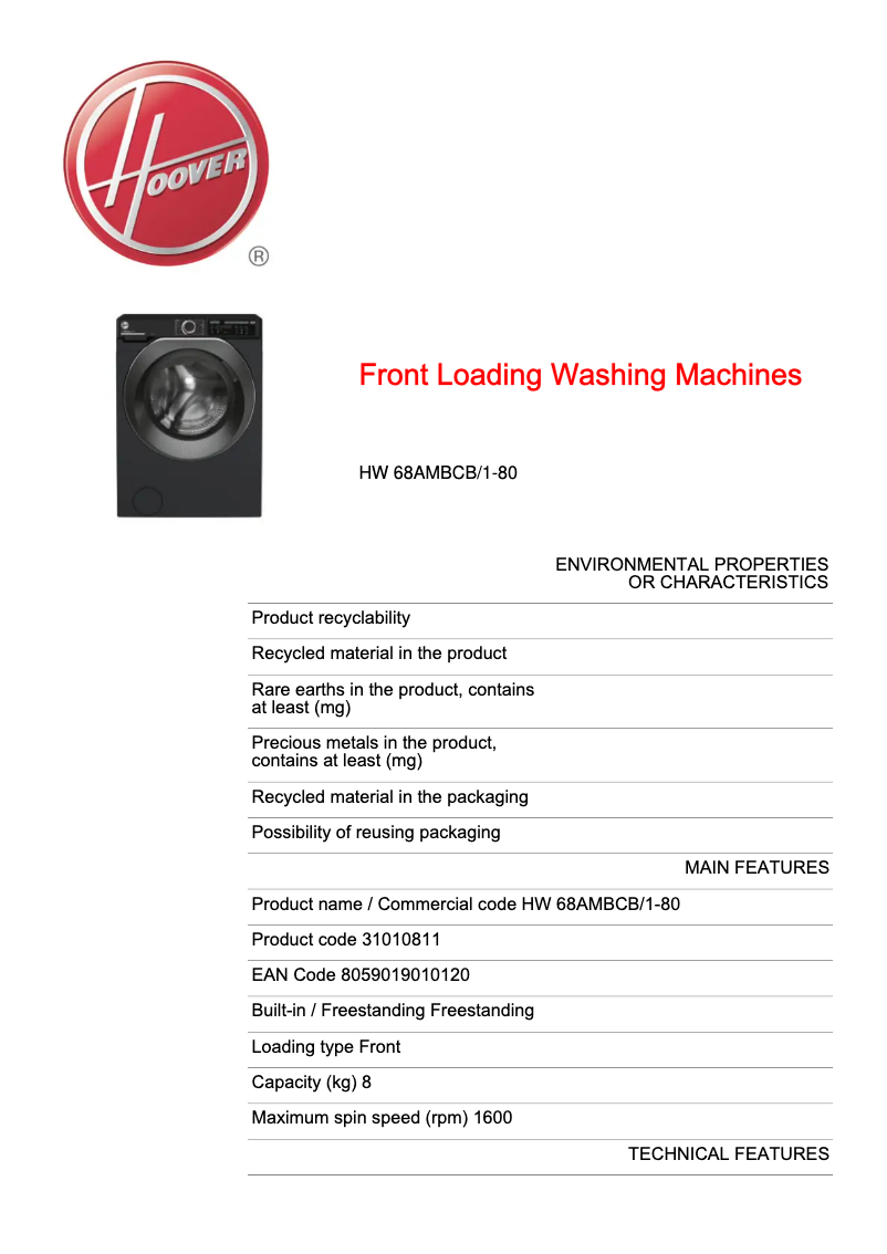 Page n°1 - Fiche technique Hoover HW 68AMBCB/1-80