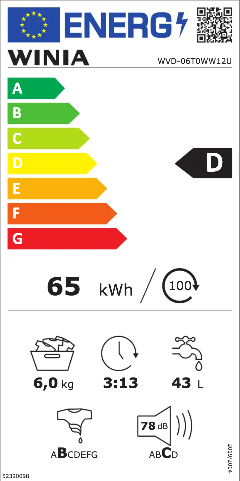 Page 1 de la notice Label énergétique Winia WVD-06T0WW12U