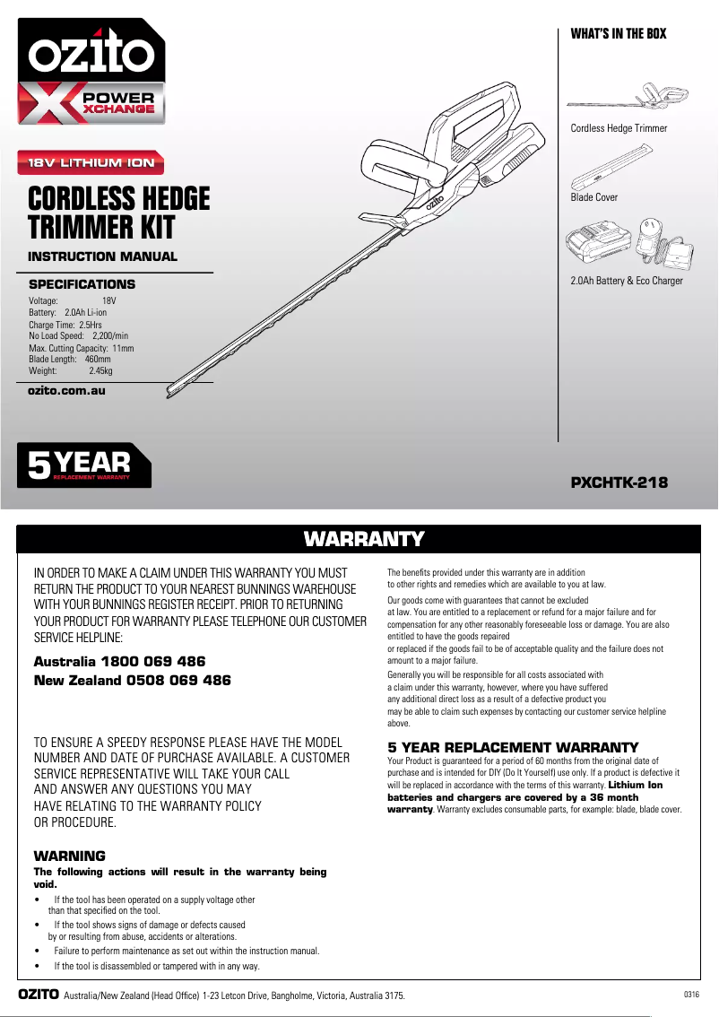 Page 1 de la notice Mode d'emploi Ozito PXCHTK-218