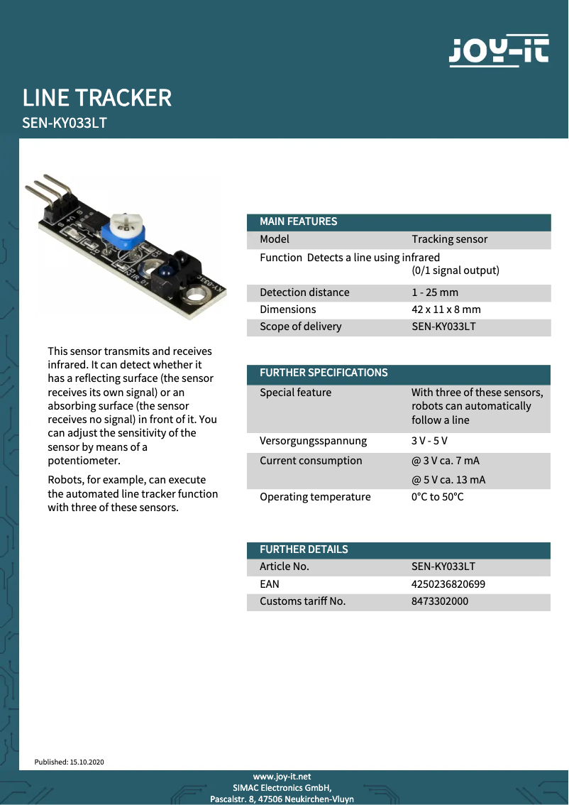 Page n°1 - Fiche technique Joy-It SEN-KY033LT