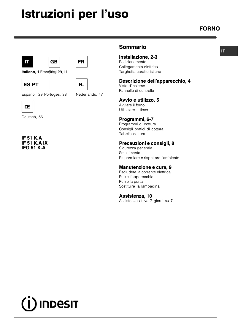 Page 1 de la notice Manuel utilisateur Indesit IFG 51 K.A GR