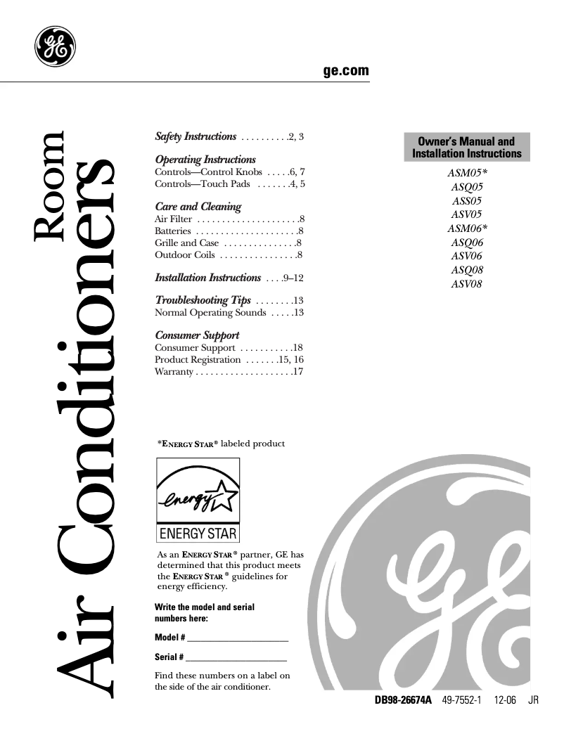 Page n°1 - Manuel d'utilisation et d'entretien GE ASQ05LK