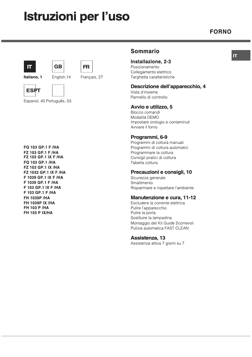 Page 1 de la notice Manuel utilisateur Hotpoint Ariston FZ 1032GP.1 IX F /HA