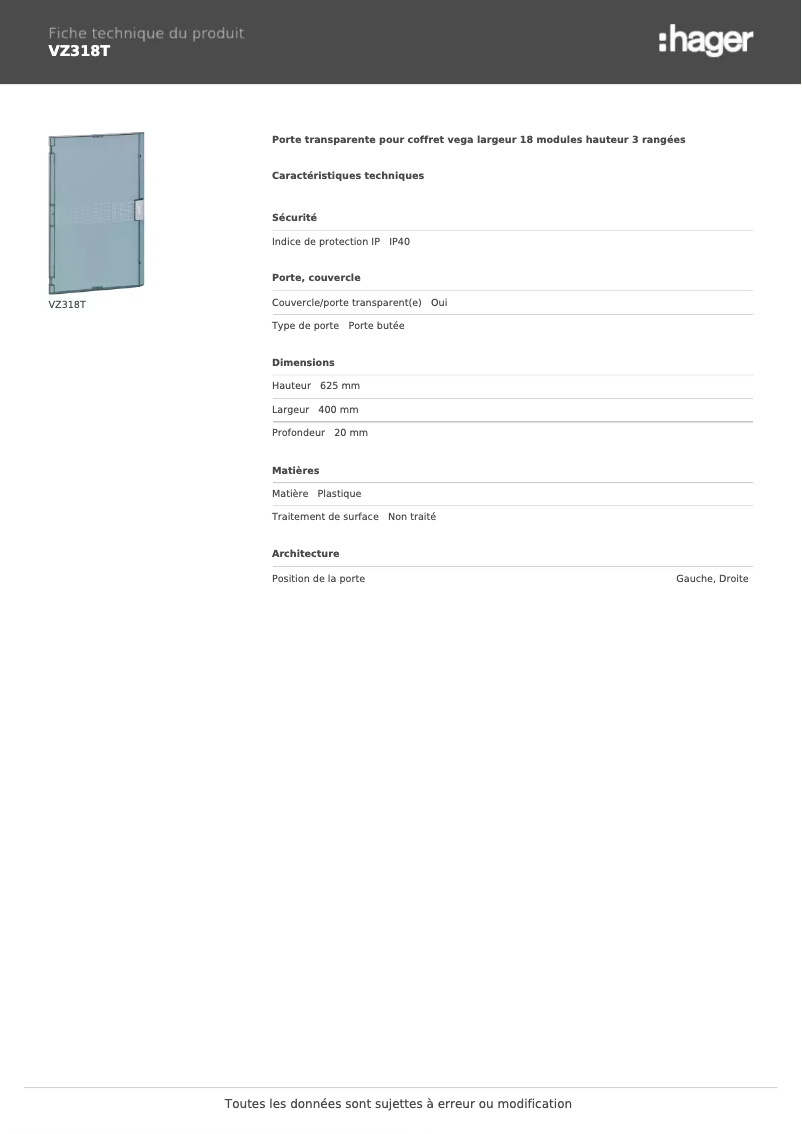 Page n°1 - Fiche technique Hager VZ318T