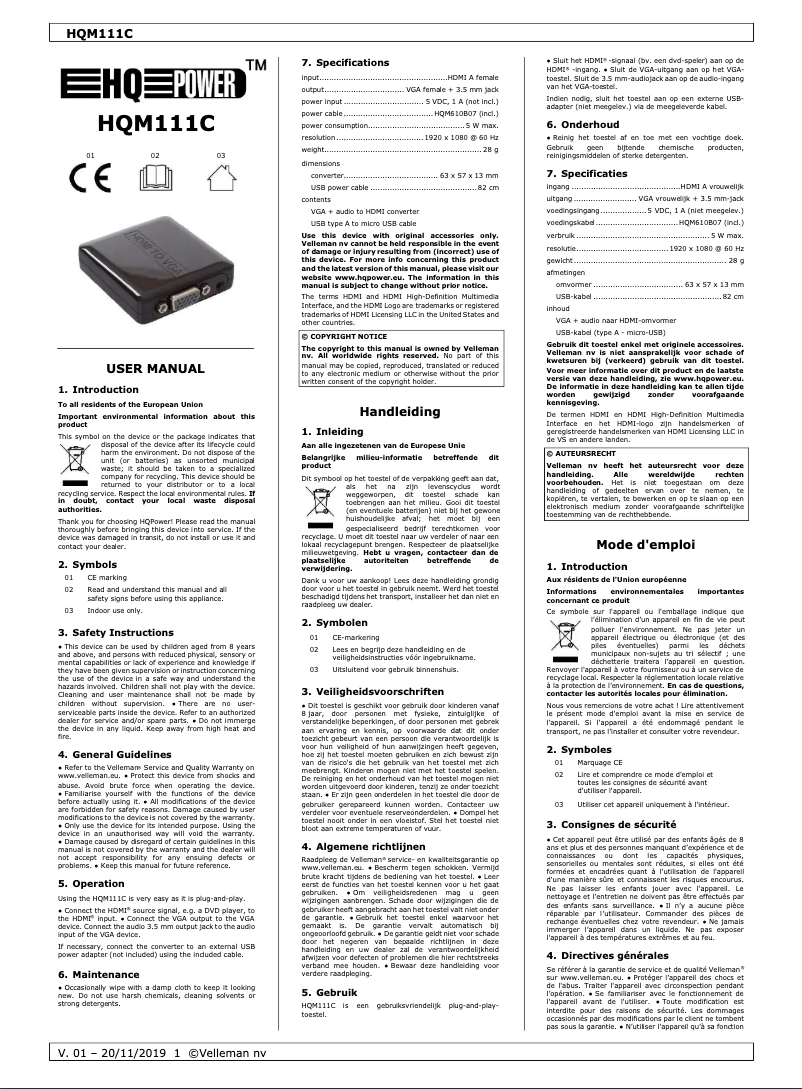 Page n°1 - Manuel utilisateur HQ Power HQM111C