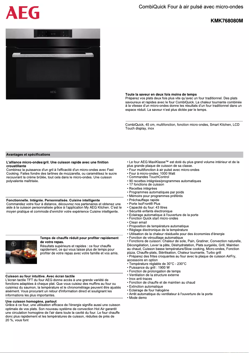 Page 1 de la notice Fiche technique AEG KMK768080M