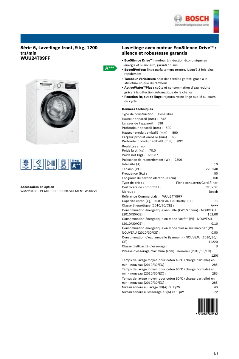 Page 1 de la notice Manuel utilisateur Bosch WUU24T09FF