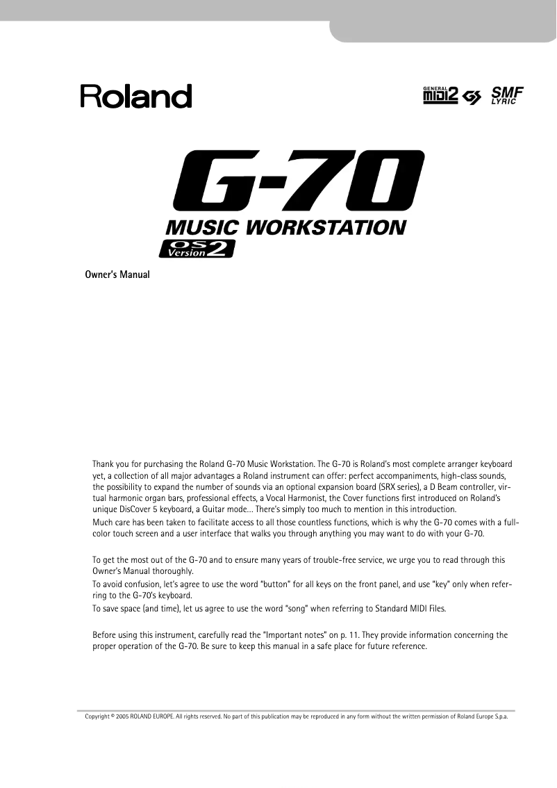 Page 1 de la notice Manuel utilisateur Roland G-70