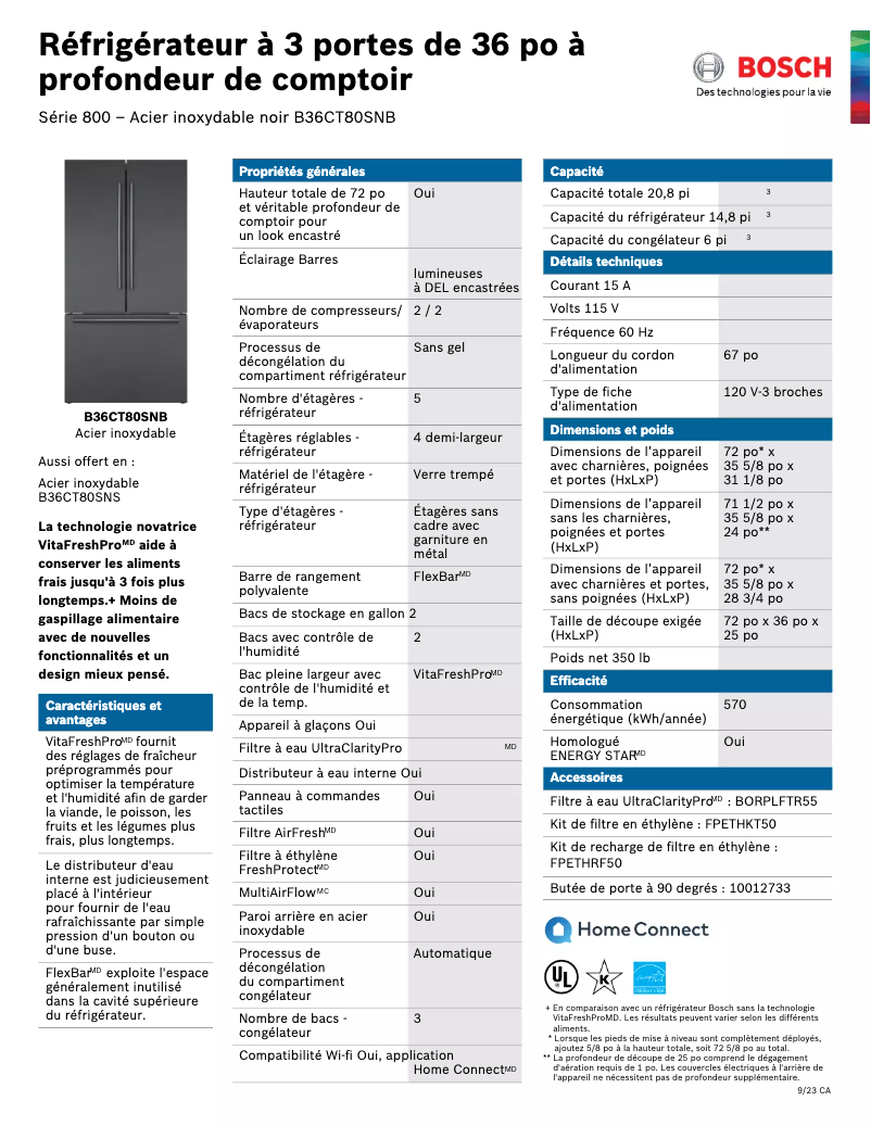 Page 1 of the manual Technical Sheet Bosch B36CT80SNB
