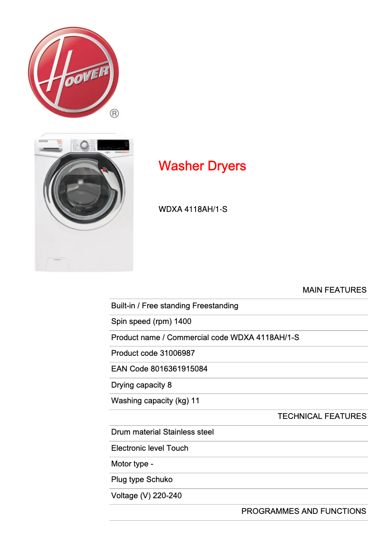 Page n°1 - Fiche technique Hoover WDXA 4118AH/1-S