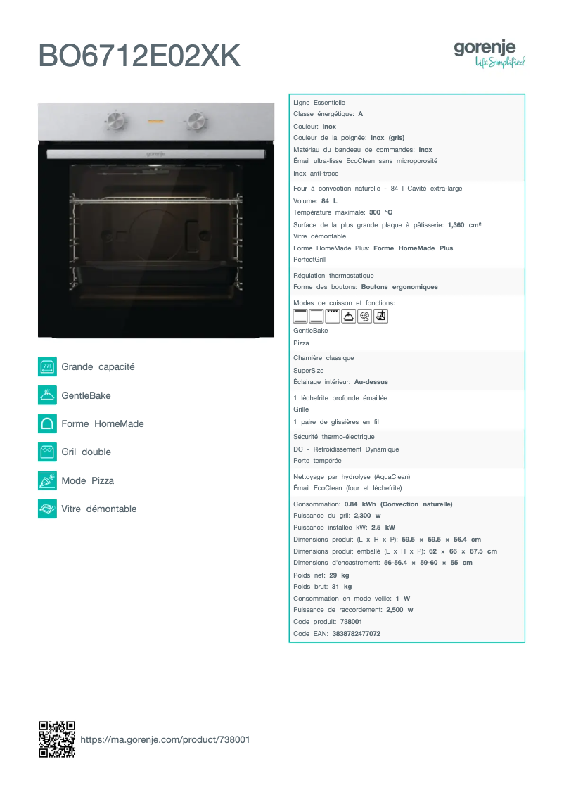 Page n°1 - Fiche technique Gorenje BO6712E02XK