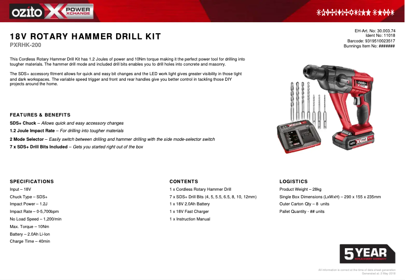 Página 1 del manual Ficha técnica Ozito PXRHK-200
