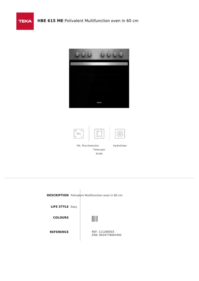 Page 1 de la notice Fiche technique Teka HBE 615 ME