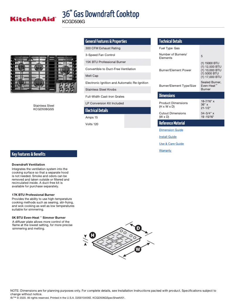 Page 1 de la notice Fiche technique KitchenAid KCGD506GSS