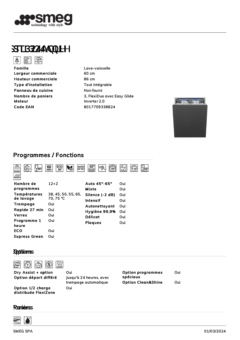 Page n°1 - Fiche technique Smeg STL324AQLH