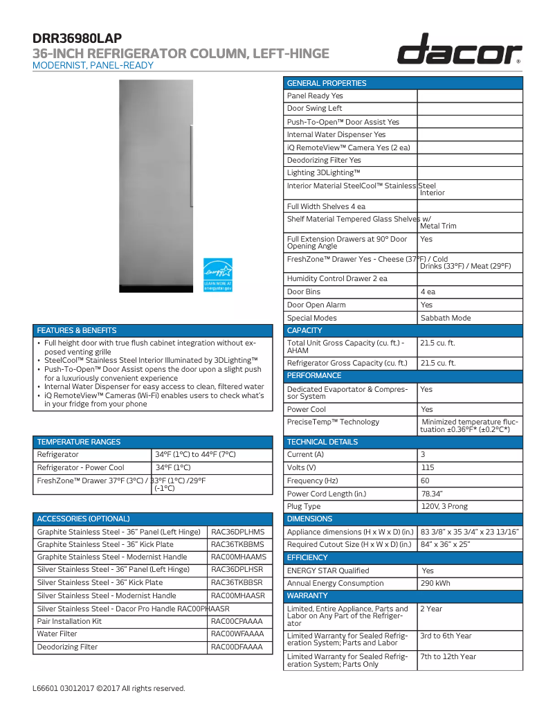 Page 1 de la notice Fiche technique Dacor Modernist DRR36980RAP