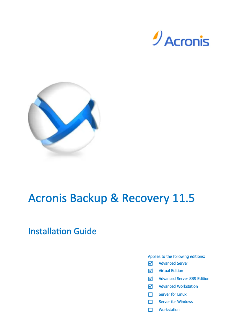 Page n°1 - Guide d'installation Acronis Backup & Recovery 11.5