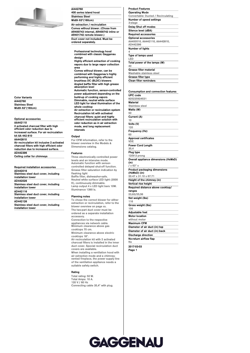 Page 1 de la notice Fiche technique Gaggenau AI442760