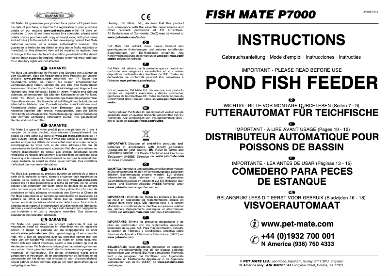 Page 1 de la notice Manuel utilisateur Closer Pets Fish Mate P7000