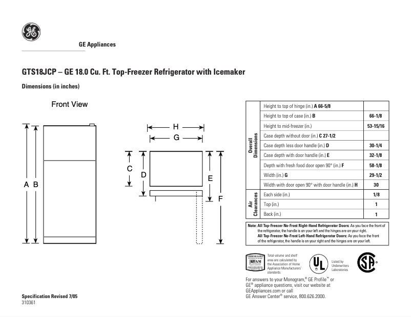 Page 1 de la notice Fiche technique GE GTS18JCPCC