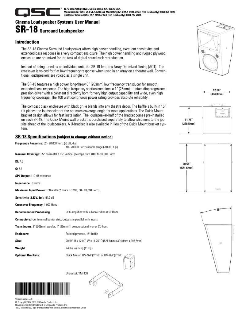 Page 1 de la notice Manuel utilisateur QSC SR-18