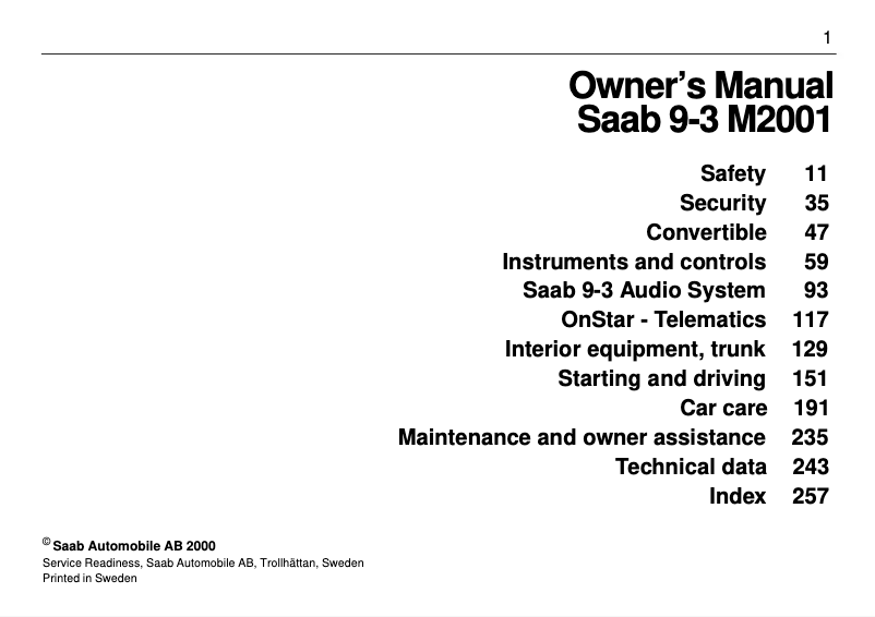 Page 1 de la notice Manuel utilisateur Saab 9-3 (1999)