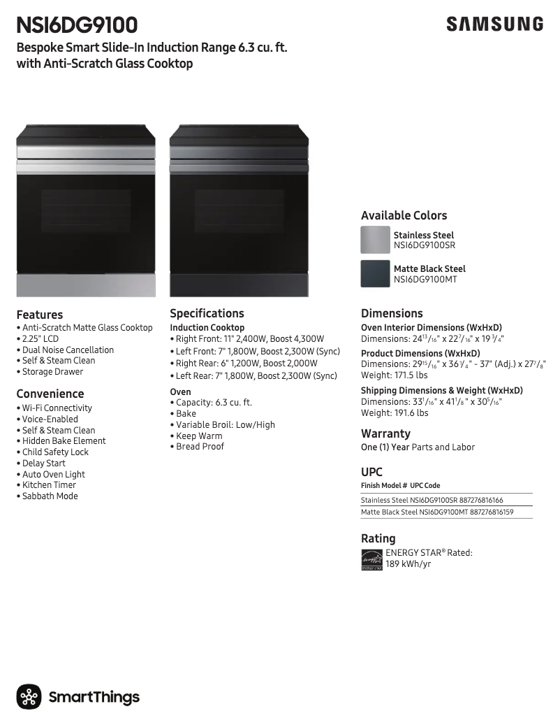 Page 1 de la notice Fiche technique Samsung NSI6DG9100MTAA