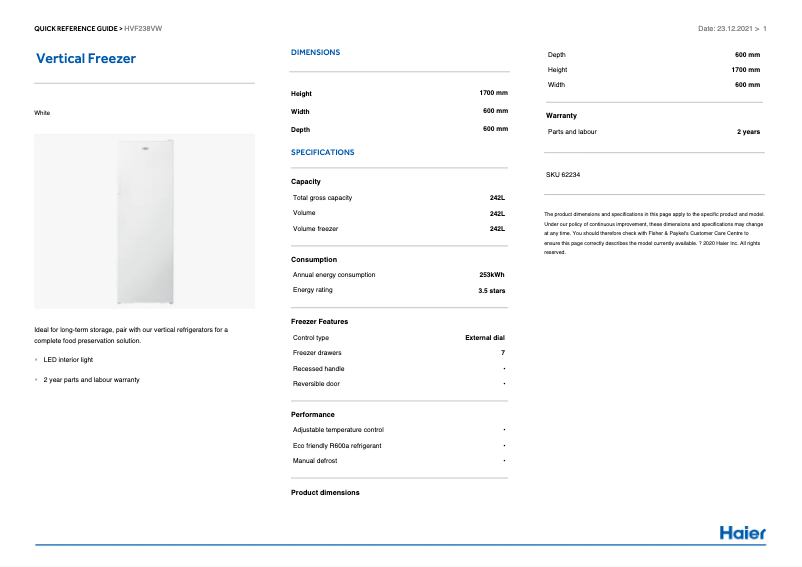 Page n°1 - Guide d'installation Haier HVF238VW