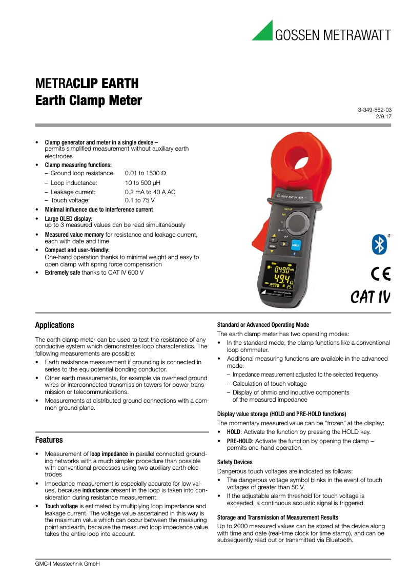 Page 1 de la notice Fiche technique Gossen Metrawatt METRACLIP EARTH