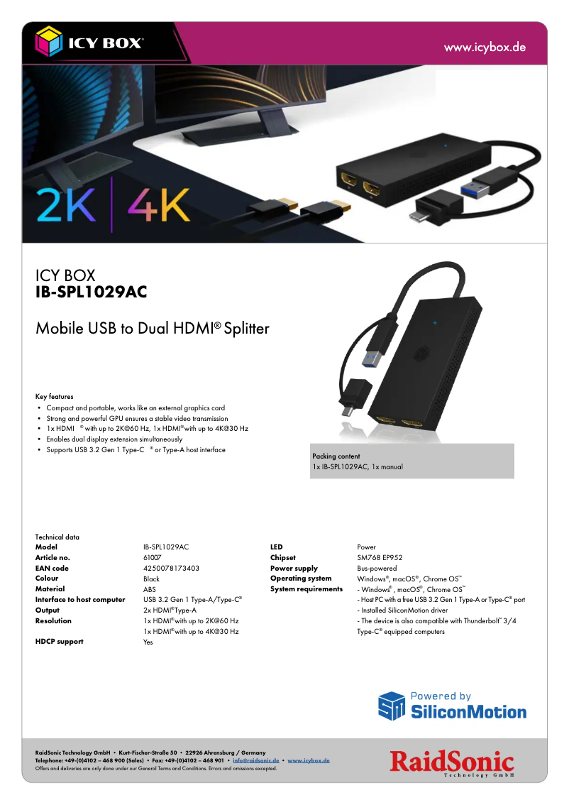 Página 1 del manual Ficha técnica Icy Box IB-SPL1029AC