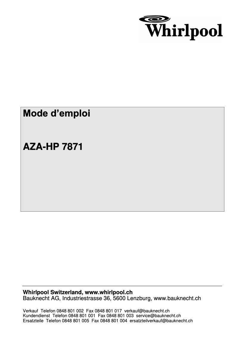 Page 1 de la notice Manuel utilisateur Whirlpool AZA-HP 7871