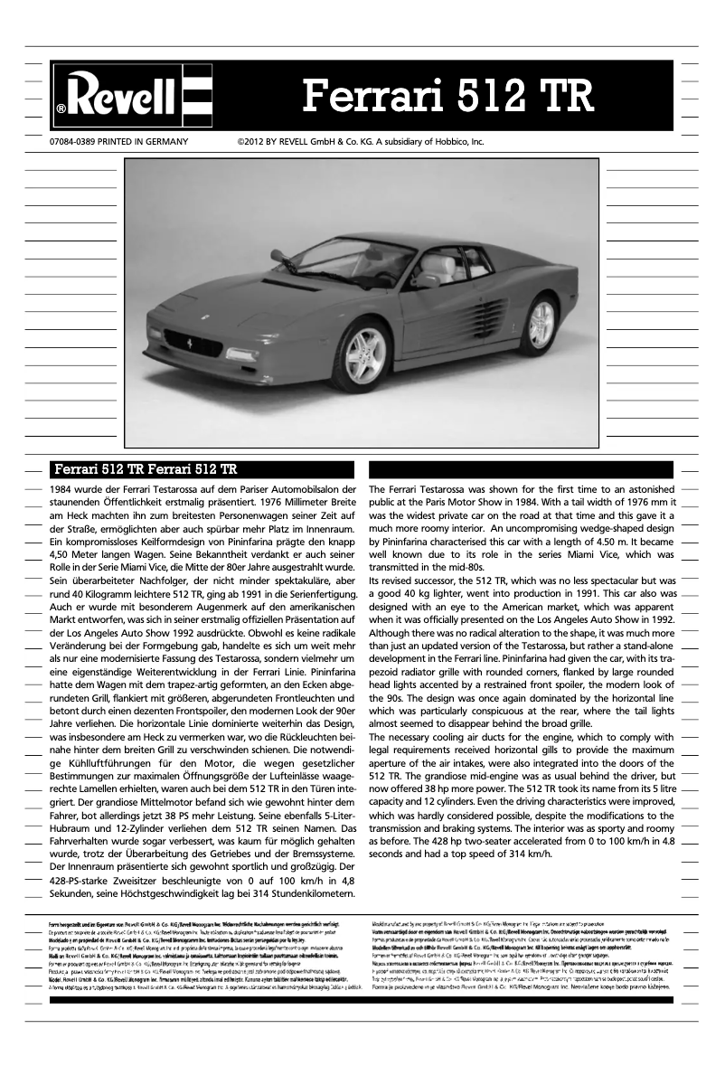 Page n°1 - Manuel utilisateur Revell Ferrari 512 TR