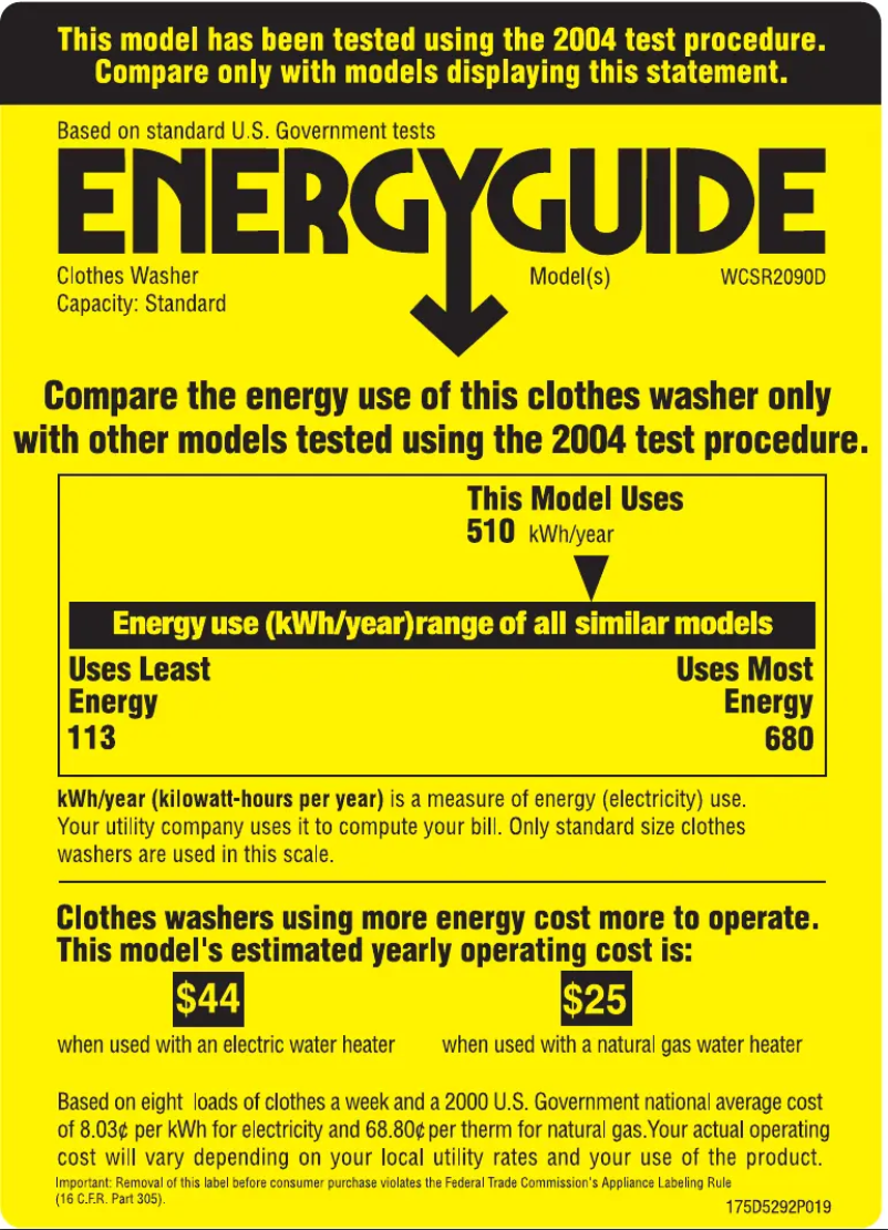 Page n°1 - Label énergétique GE WCSR2090DWW