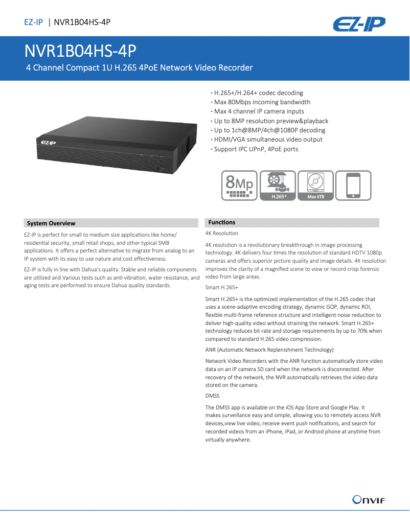 Page n°1 - Fiche technique Dahua Technology EZ-IP NVR1B04HS-4P