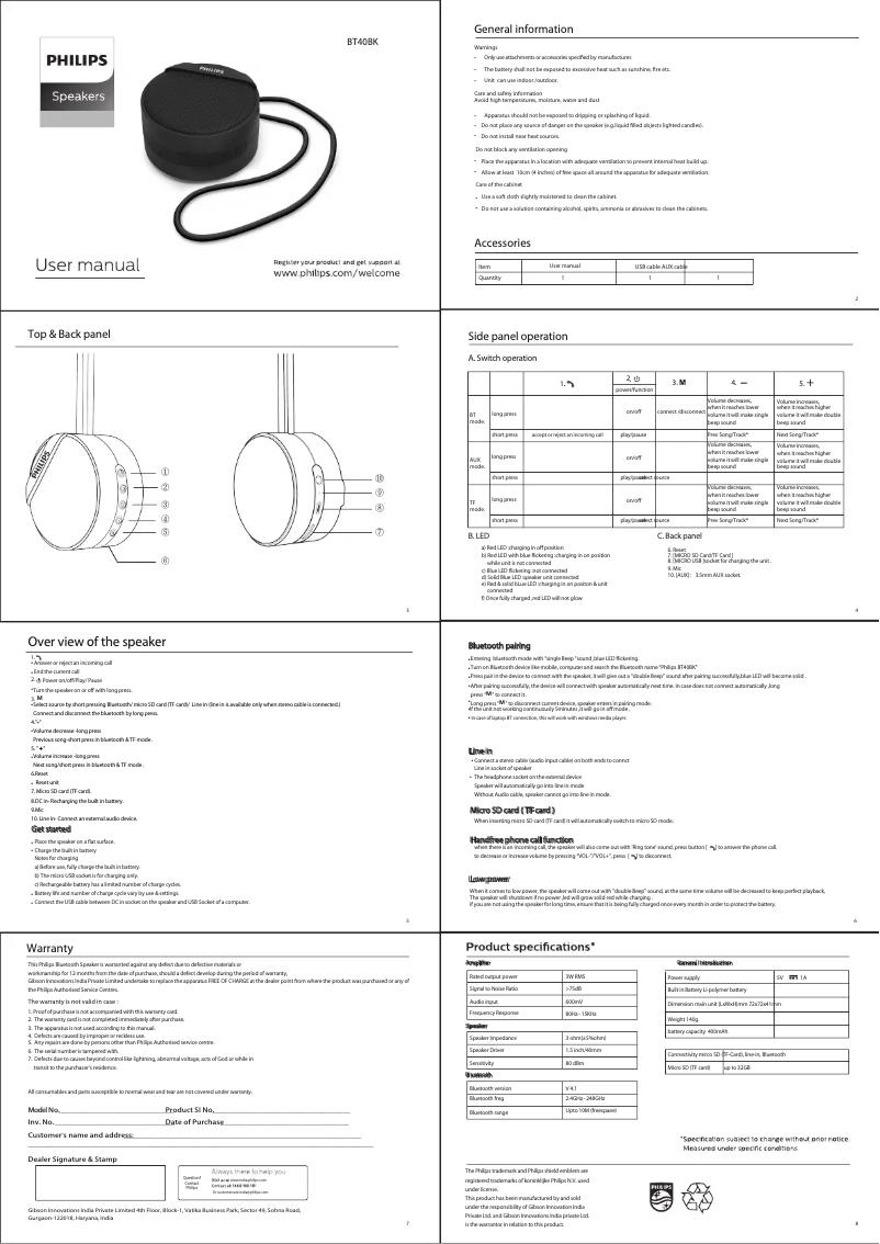 Page 1 de la notice Manuel utilisateur Philips BT40BK
